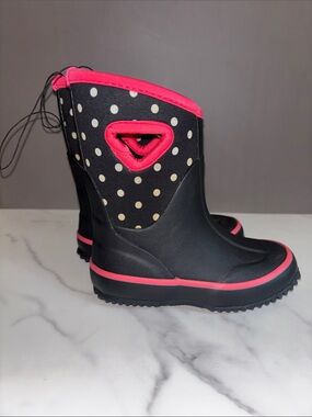 Falls Creek Black Rain Boots with Pink Trim and Cream Polka Dots